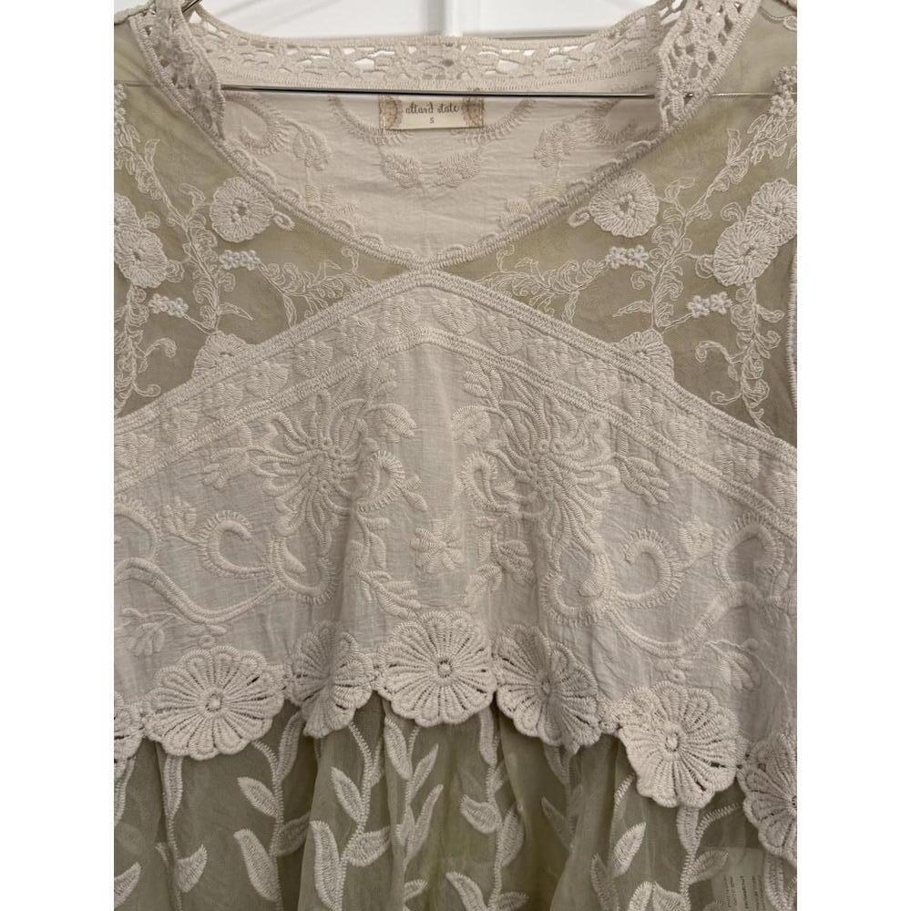Altar'd State cream and olive green embroidered mesh top size Small - Picture 7 of 9